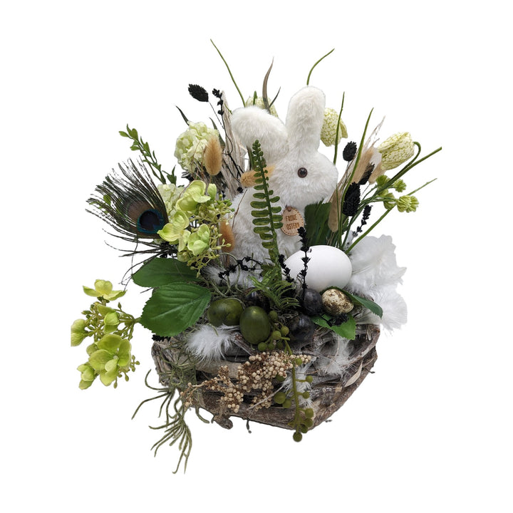 Freigestellt Ostergesteck Hase Schachbrettblume Pfauenfeder weiß grün