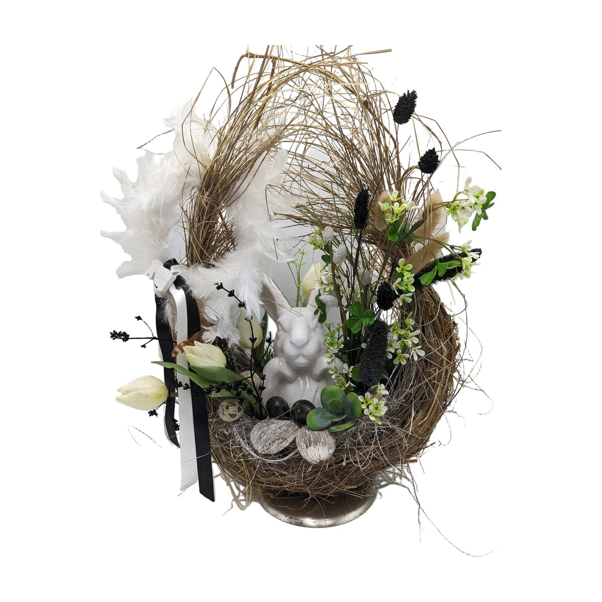 Freigestellt Ostergesteck Hase Tulpen Federn Schleife weiß schwarz natur