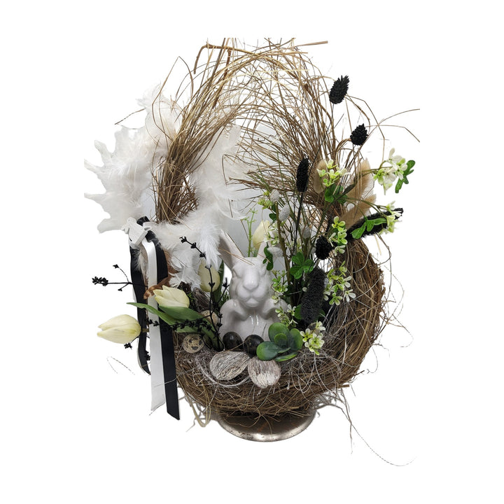 Freigestellt Ostergesteck Hase Tulpen Federn Schleife weiß schwarz natur