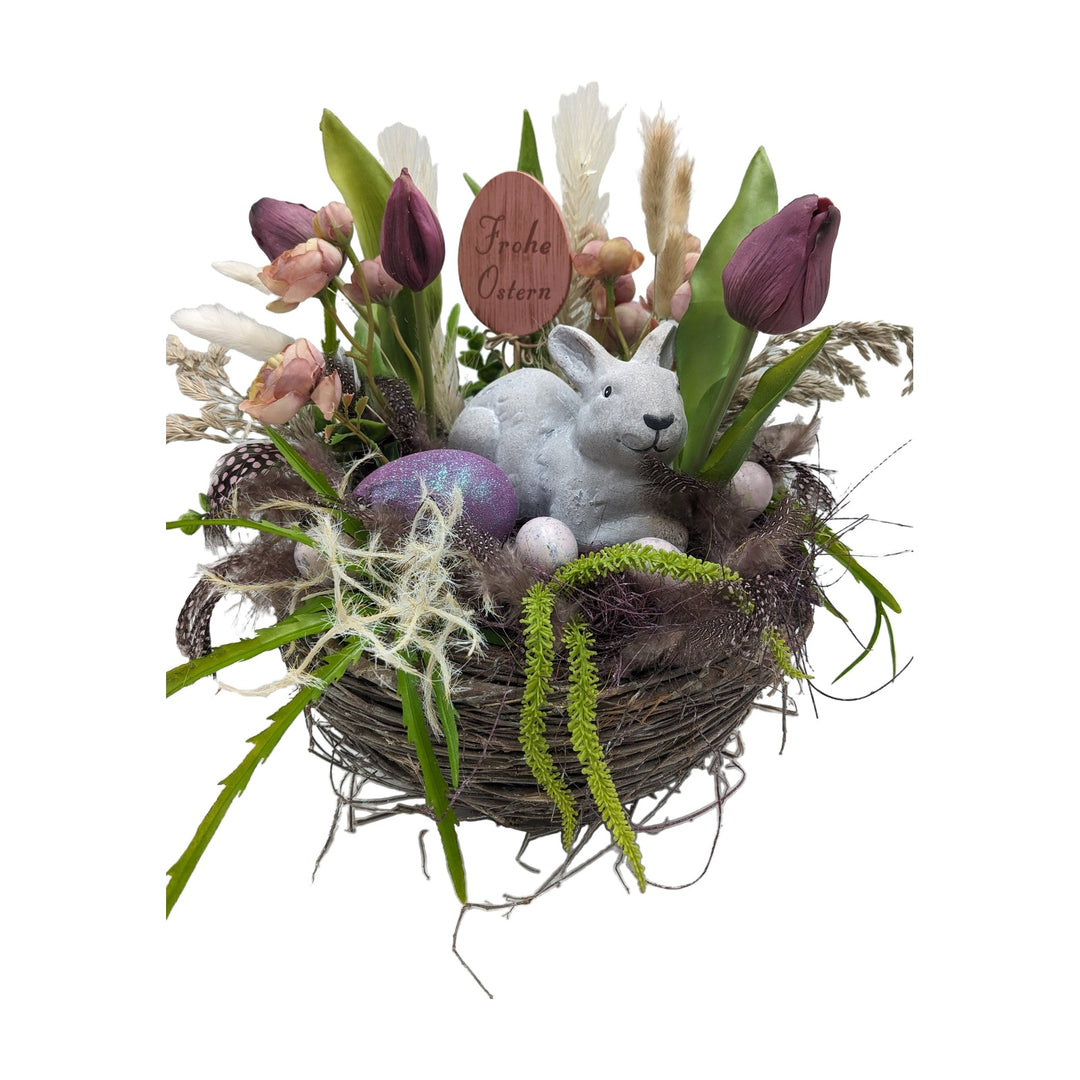 Freigestellt Ostergesteck Nest Tulpen Hase Eier lila rosa "Frohe Ostern"