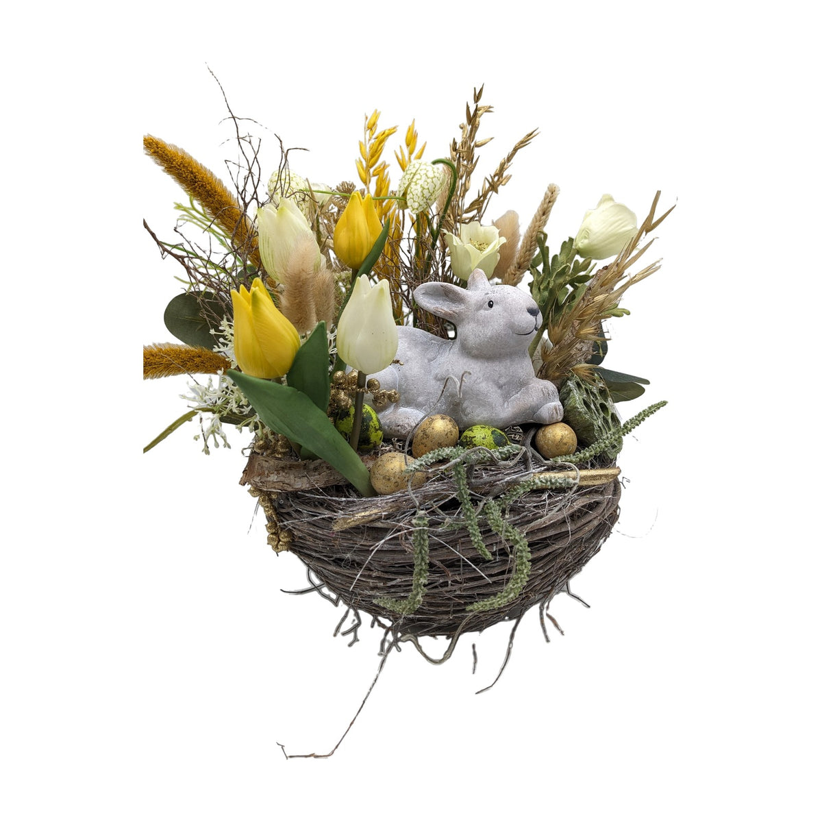 Freigestellt Ostergesteck Tulpen Hase Schachbrettblume gelb weiß im Nest