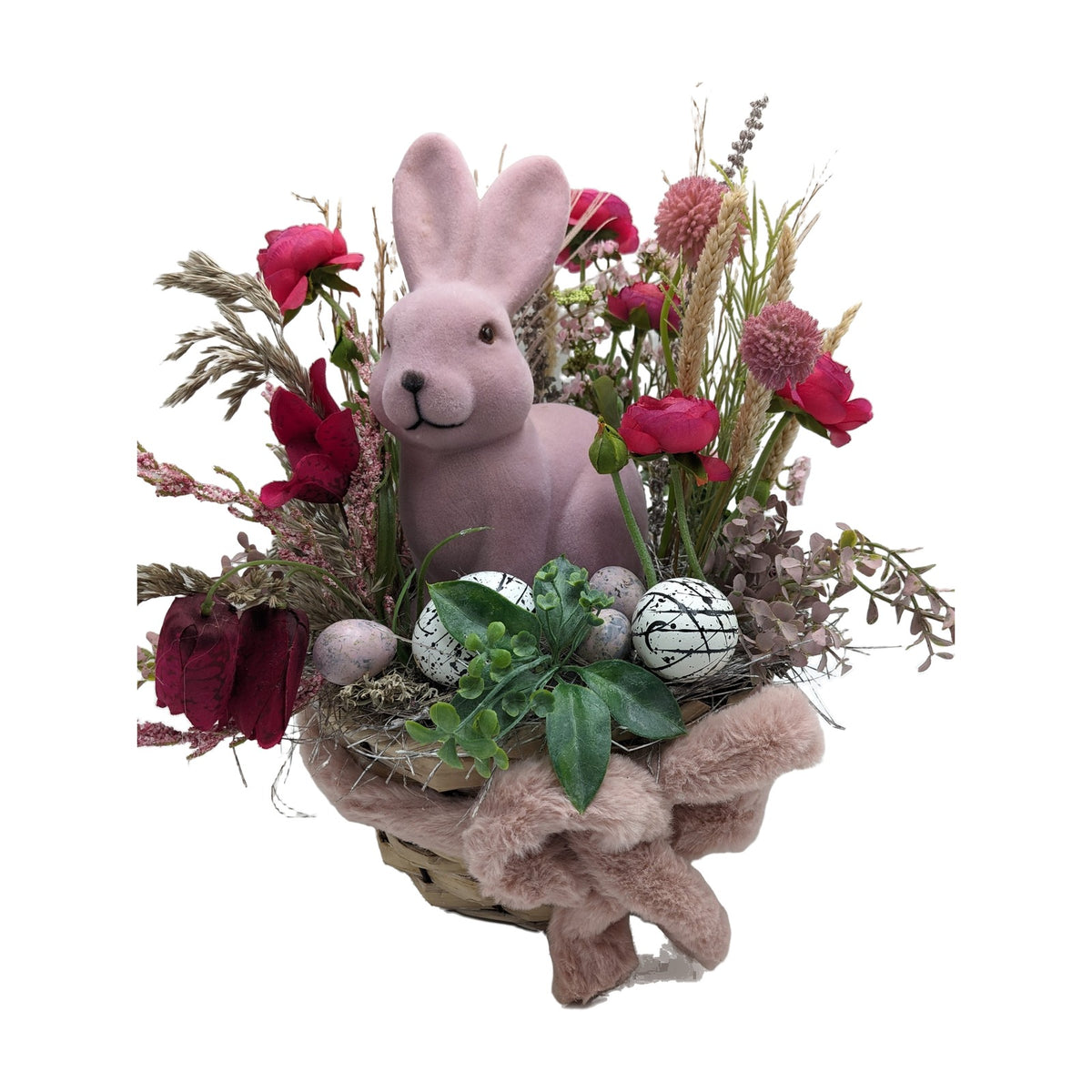 Freigestellt Ostergesteck Hase Ranunkeln Eier im Korb pink rosa