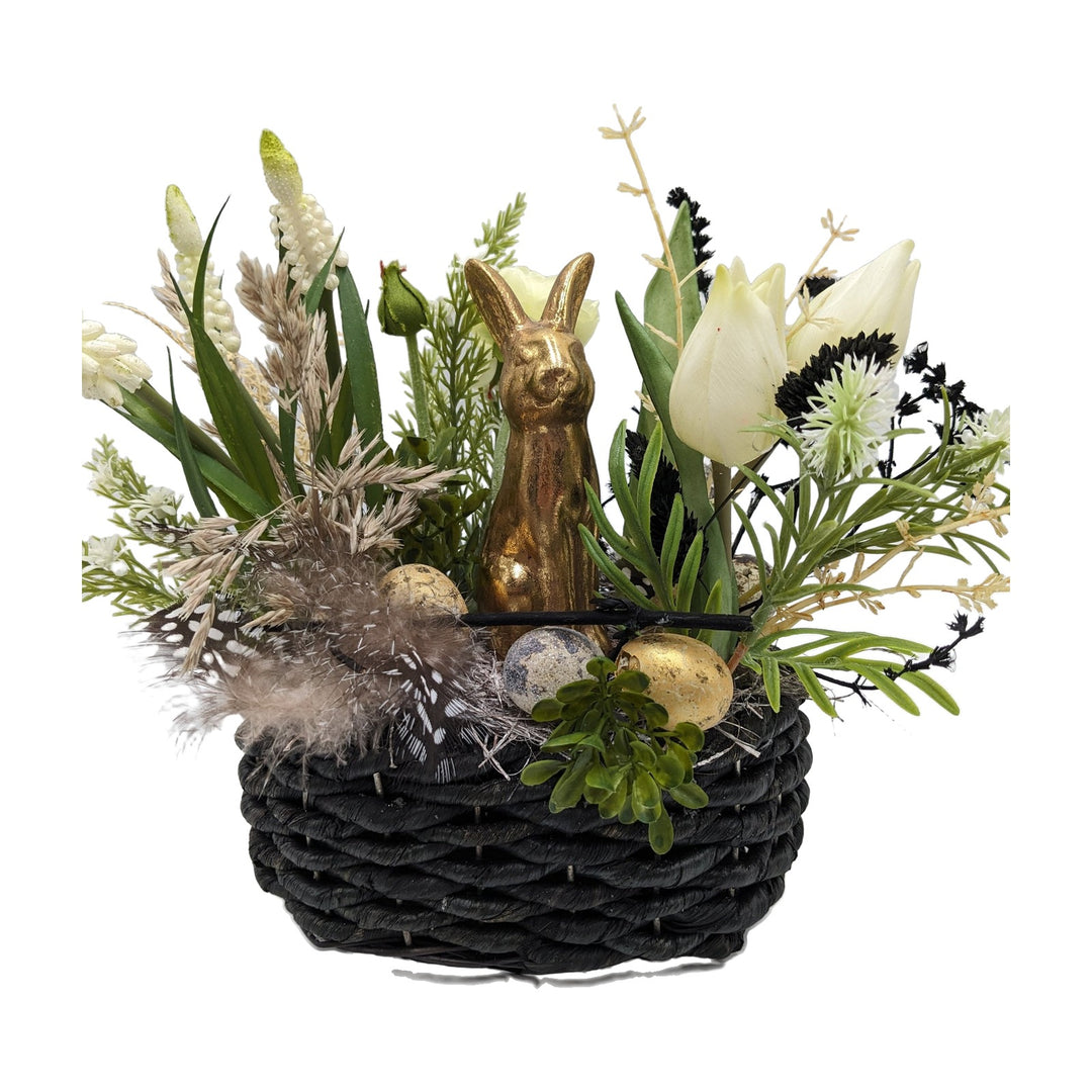 Freigestellt Ostergesteck Korb Tulpen Hase Federn Eier schwarz gold