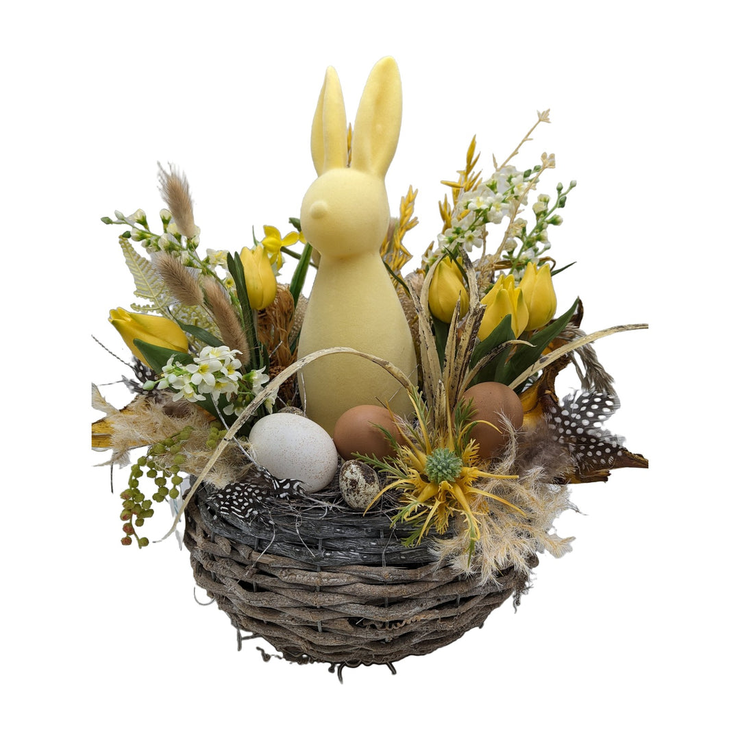 Freigestellt Ostergesteck Hase Tulpen Eier Federn Beeren gelb natur