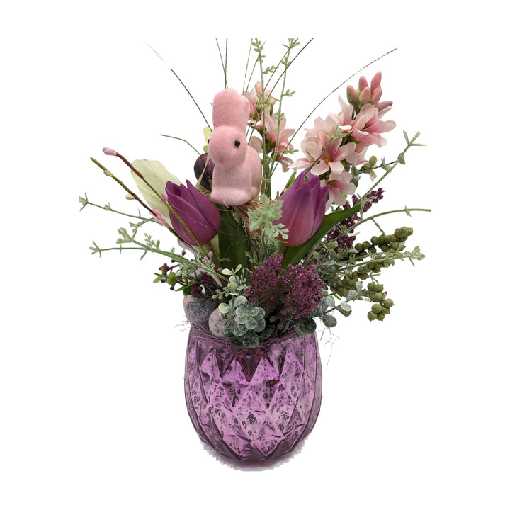 Freigestellt Ostergesteck Hase Tulpen Ei Feder Beeren lila rosa