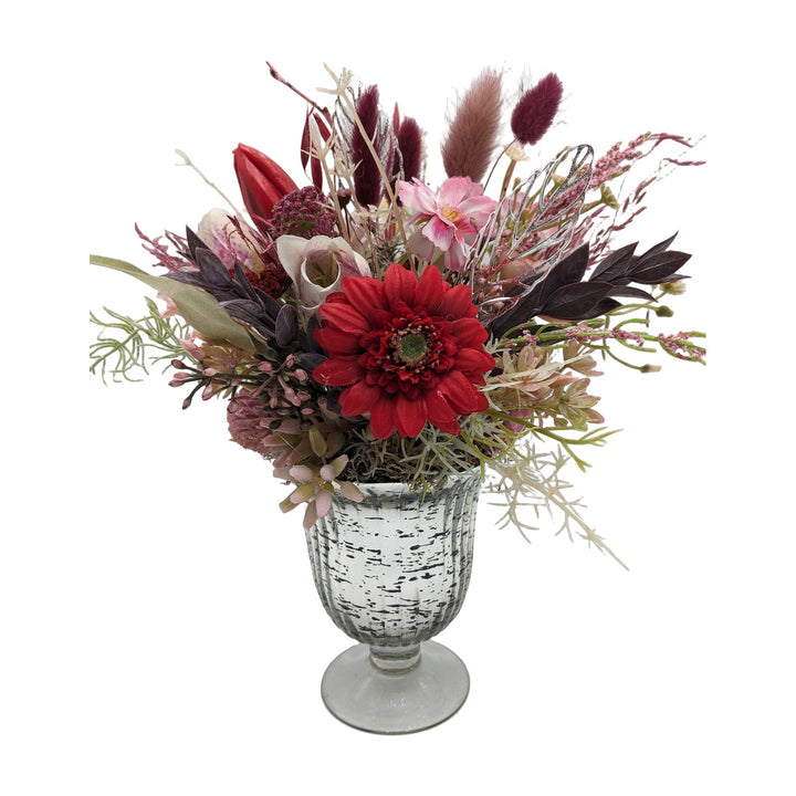Freigestellt Frühlingsgesteck Tulpe Gerbera Gräser rosa rot im Pokal