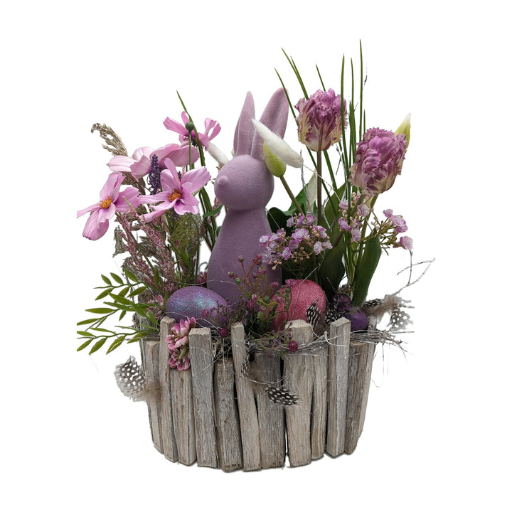 Freigestellt Ostergesteck Hase Eier Federn Tulpen rosa lila
