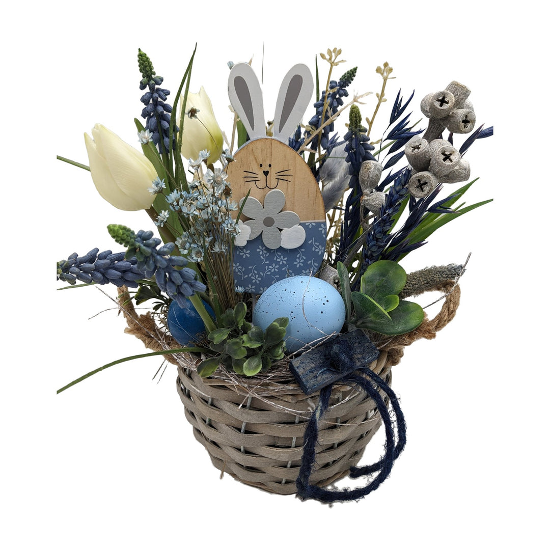 Freigestellt Ostergesteck Korb Hase Ei Tulpe Hyazinthe blau creme