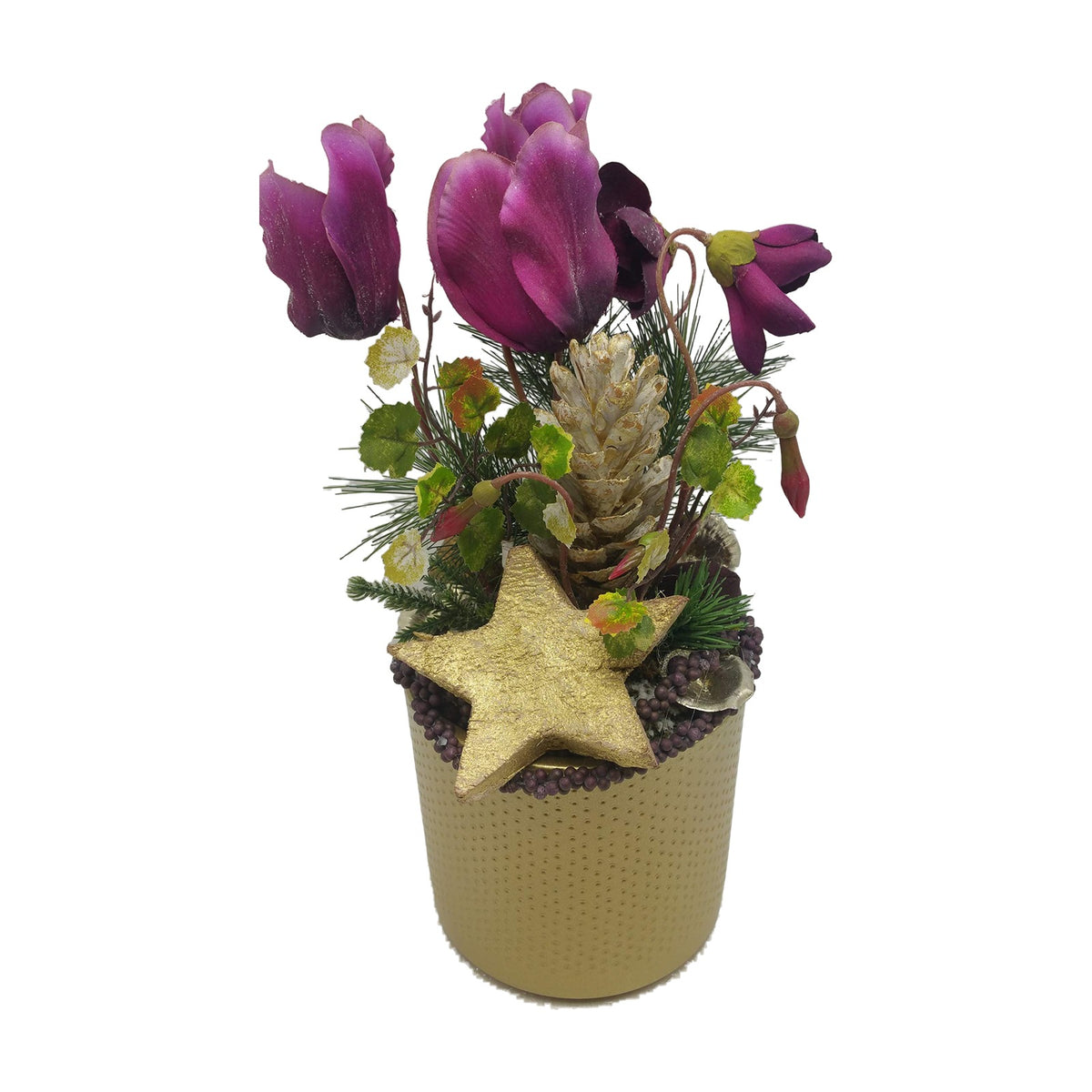 Freigestellt Seidenblumengesteck Wintergesteck Weihnachten Alpenveilchen Stern lila