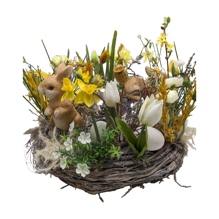 Freigestellt Osterkranz Hase Tulpen Narzissen Mohnkapseln gelb weiß