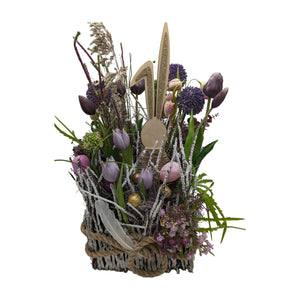 Freigestellt Ostergesteck Tulpen Allium Hase Eier lila rosa