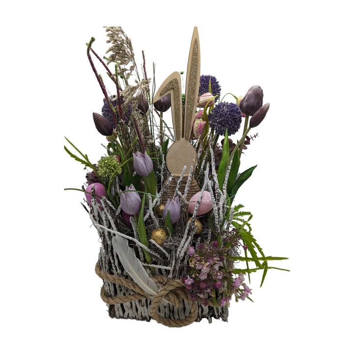 Freigestellt Ostergesteck Tulpen Allium Hase Eier lila rosa