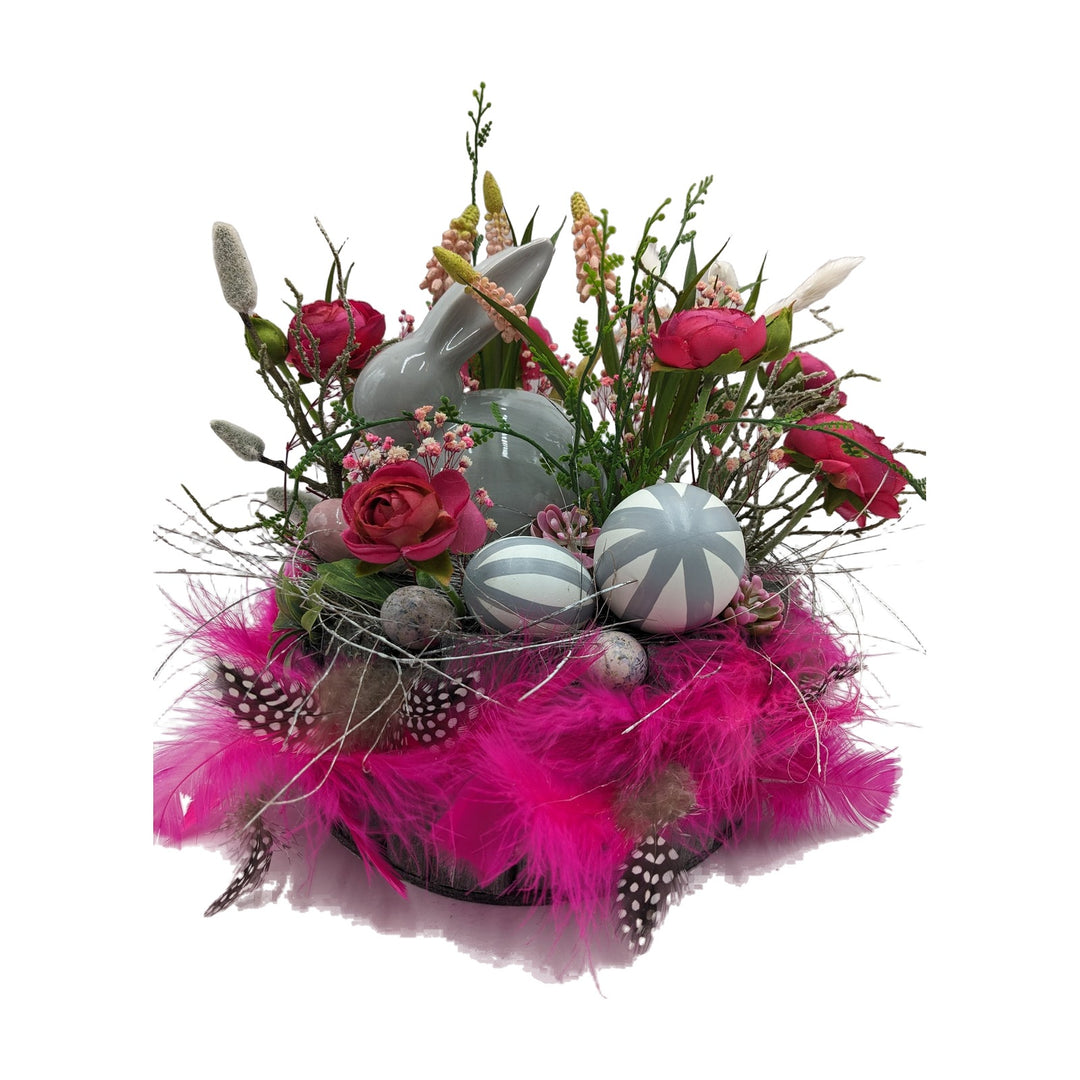 Freigestellt Ostergesteck Hase Ranunkeln Federn Eier pink grau
