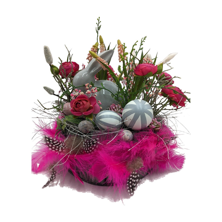 Freigestellt Ostergesteck Hase Ranunkeln Federn Eier pink grau