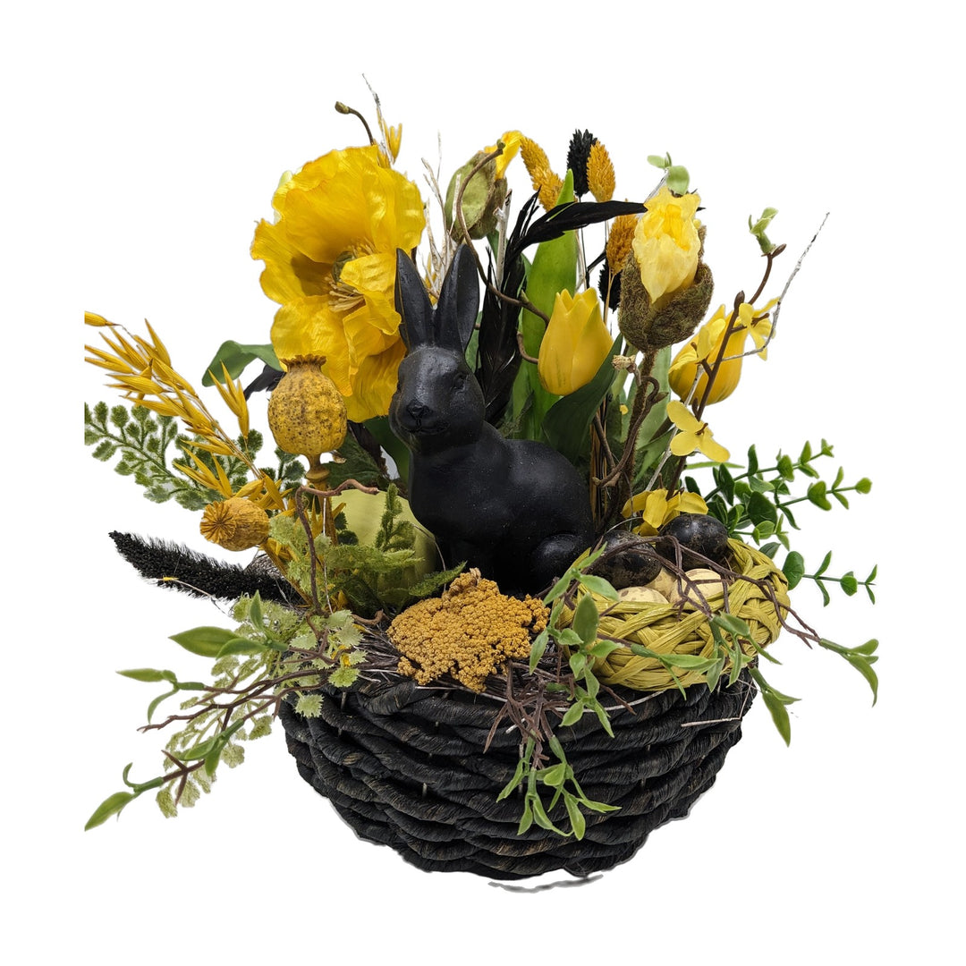 Freigestellt Ostergesteck Hase Eiernest Mohn Tulpen gelb schwarz