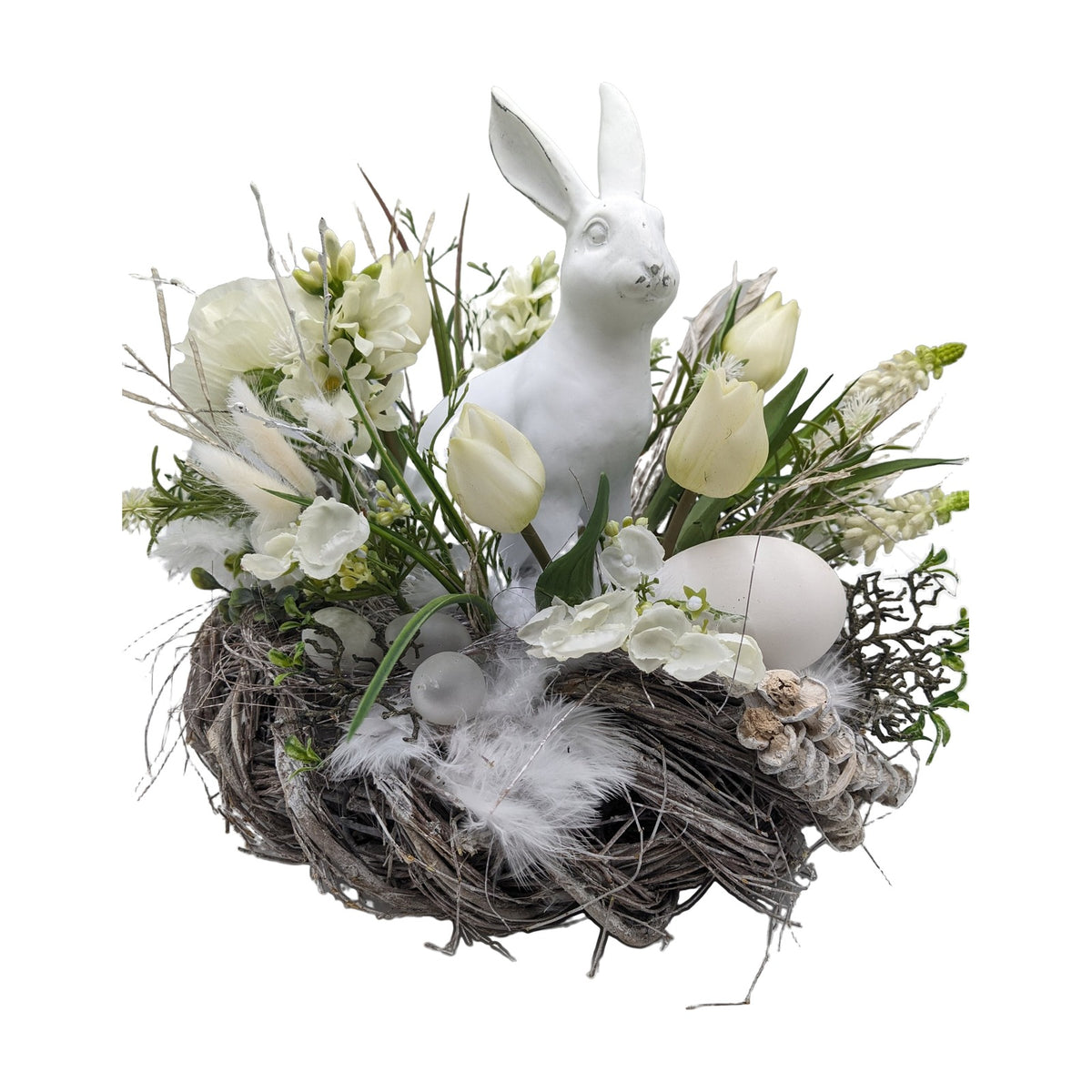 Freigestellt Osterkranz Hase Tulpen Federn Eier weiß natur