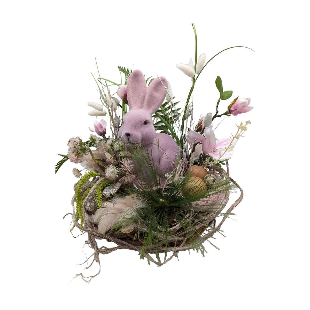 Freigestellt Ostergesteck Hase Magnolie Federn Eier rosa creme