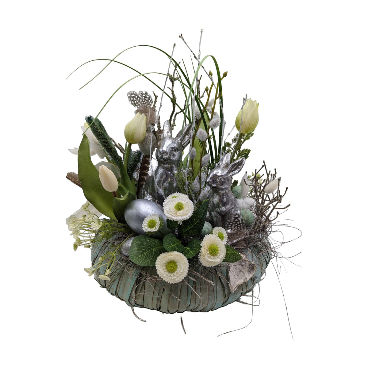 Freigestellt Osterkranz Hase Bellis Tulpen Eier silber grün