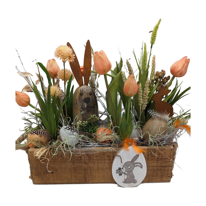 Freigestellt Ostergesteck Tulpen Hase Federn Eier orange grün