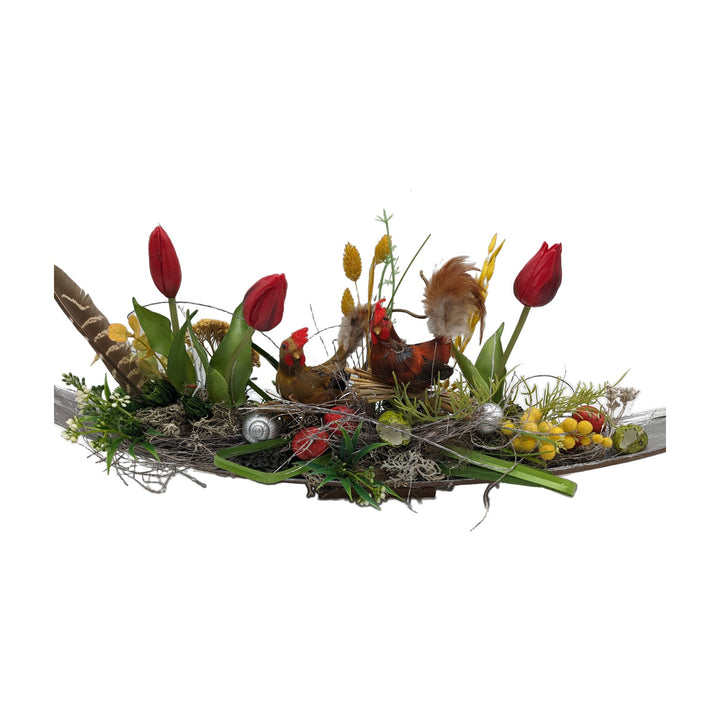 Freigestellt Ostergesteck Hahn Huhn Tulpen Eier Schnecke rot gelb