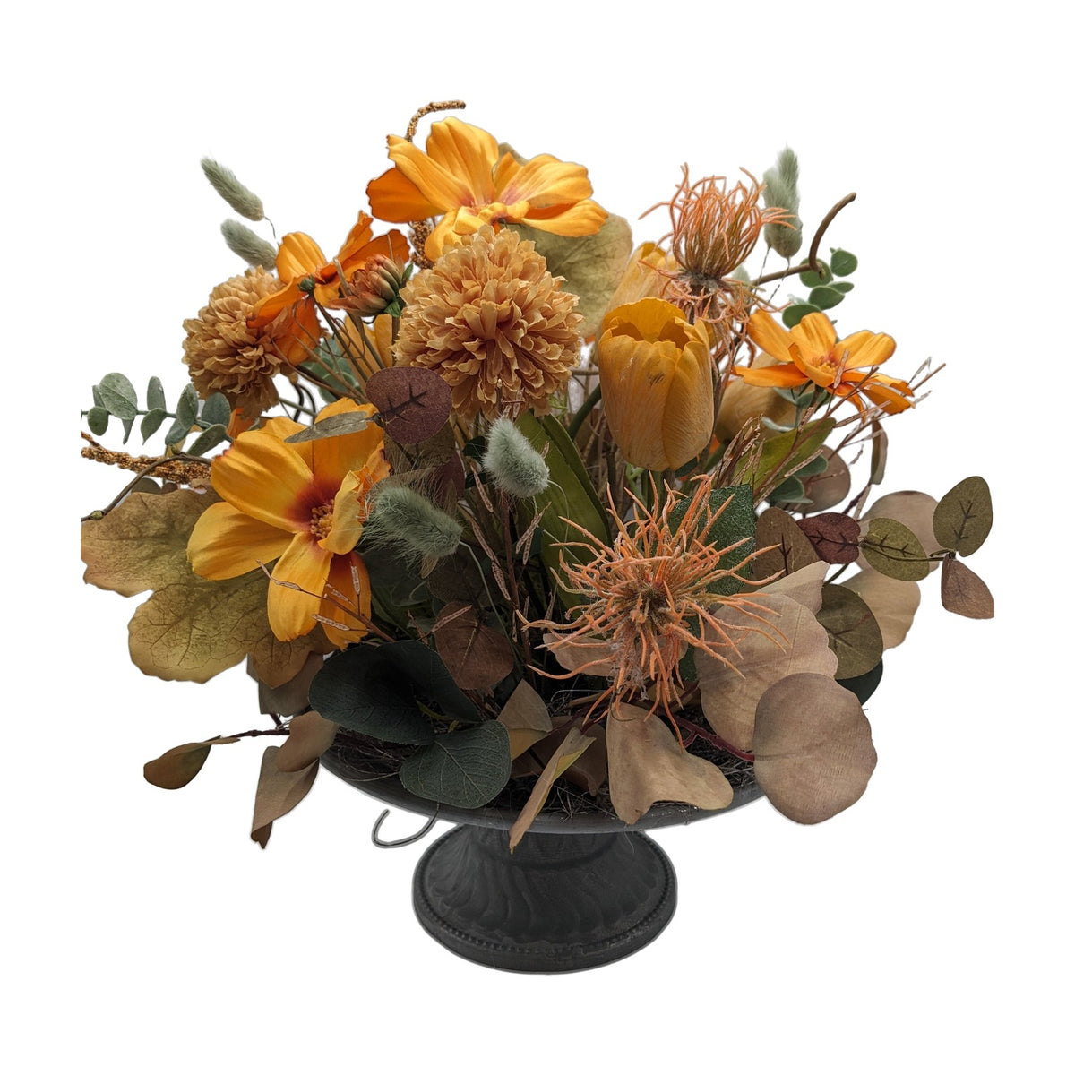 Freigestellt Frühlingsgesteck Tulpe Spider Chrysantheme orange gelb