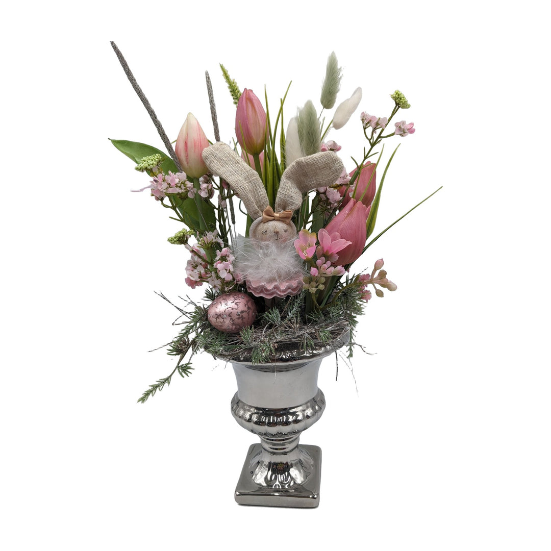 Freigestellt Ostergesteck Tulpen Hase Ei rosa silber im Pokal