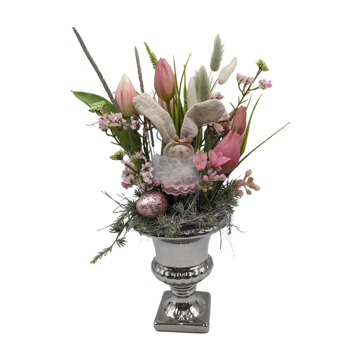 Freigestellt Ostergesteck Tulpen Hase Ei rosa silber im Pokal