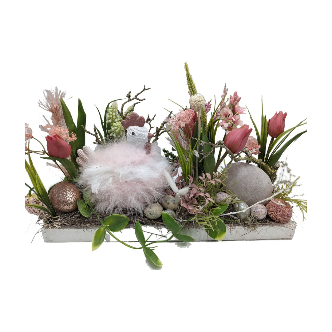 Freigestellt Ostergesteck Huhn Tulpen Hyazinthen Eier rosa weiß