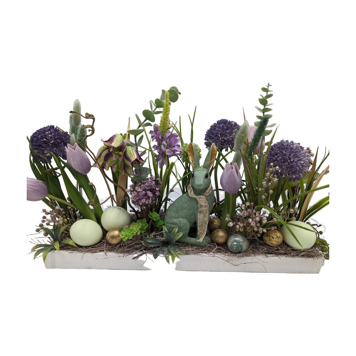 Freigestellt Ostergesteck Hase Allium Tulpen Schnecke mint lila