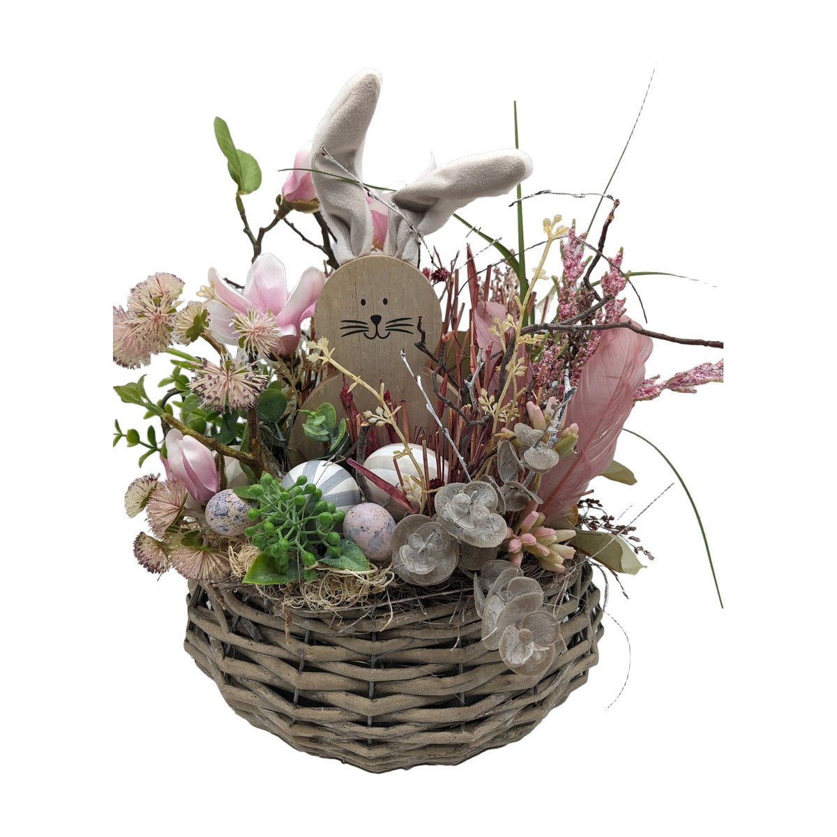 Freigestellt Ostergesteck Korb Hase Magnolie Feder Eier rosa natur