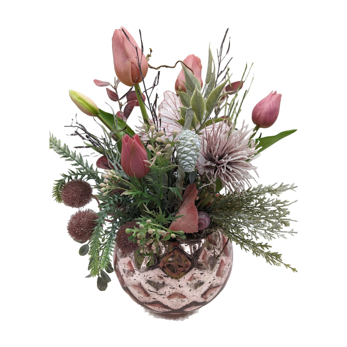 Freigestellt Frühlingsgesteck Tulpen Schmetterling Zapfen Schnecke rosa