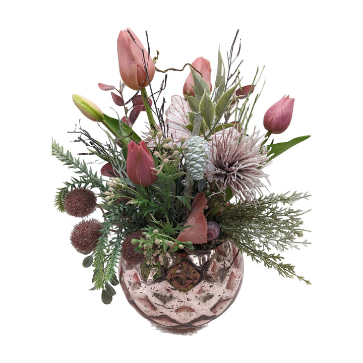 Freigestellt Frühlingsgesteck Tulpen Schmetterling Zapfen Schnecke rosa