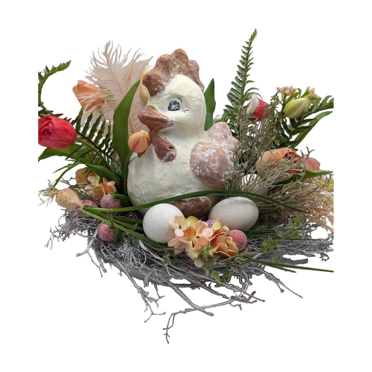 Freigestellt Ostergesteck Huhn Eier Tulpen rosa apricot