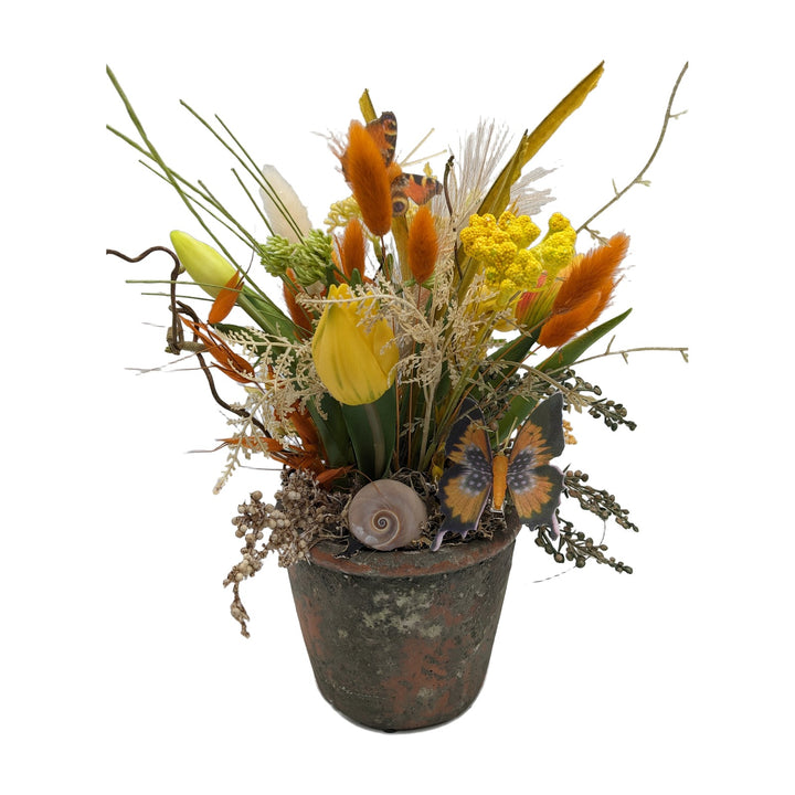 Freigestellt Frühlingsgesteck Tulpen Schmetterling Gräser gelb orange