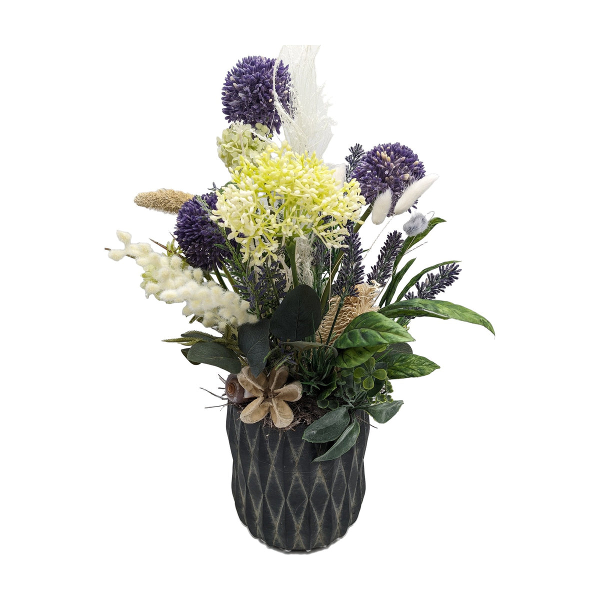 Freigestellt Sommergesteck Allium Lavendel Gräser lila gelb im Topf