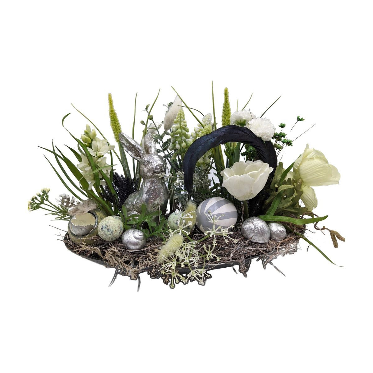Freigestellt Ostergesteck Hase Schnecke Hyazinthe Tulpe weiß silber