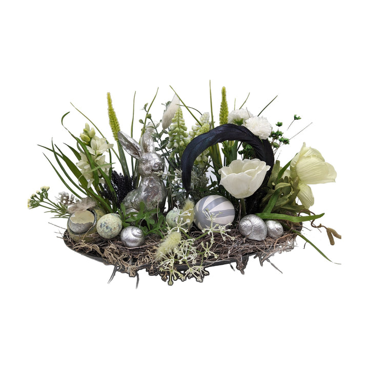 Freigestellt Ostergesteck Hase Schnecke Hyazinthe Tulpe weiß silber