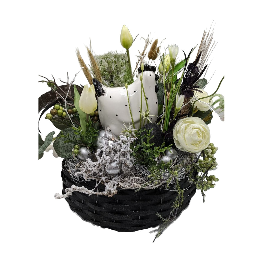 Freigestellt Ostergesteck Frühlingsgesteck Huhn Tulpen Eier Gräser schwarz weiß