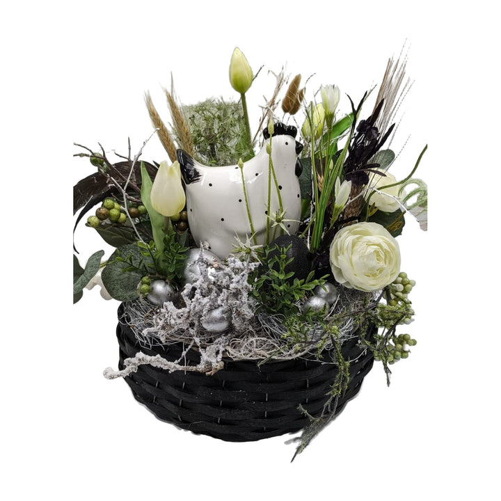 Freigestellt Ostergesteck Frühlingsgesteck Huhn Tulpen Eier Gräser schwarz weiß