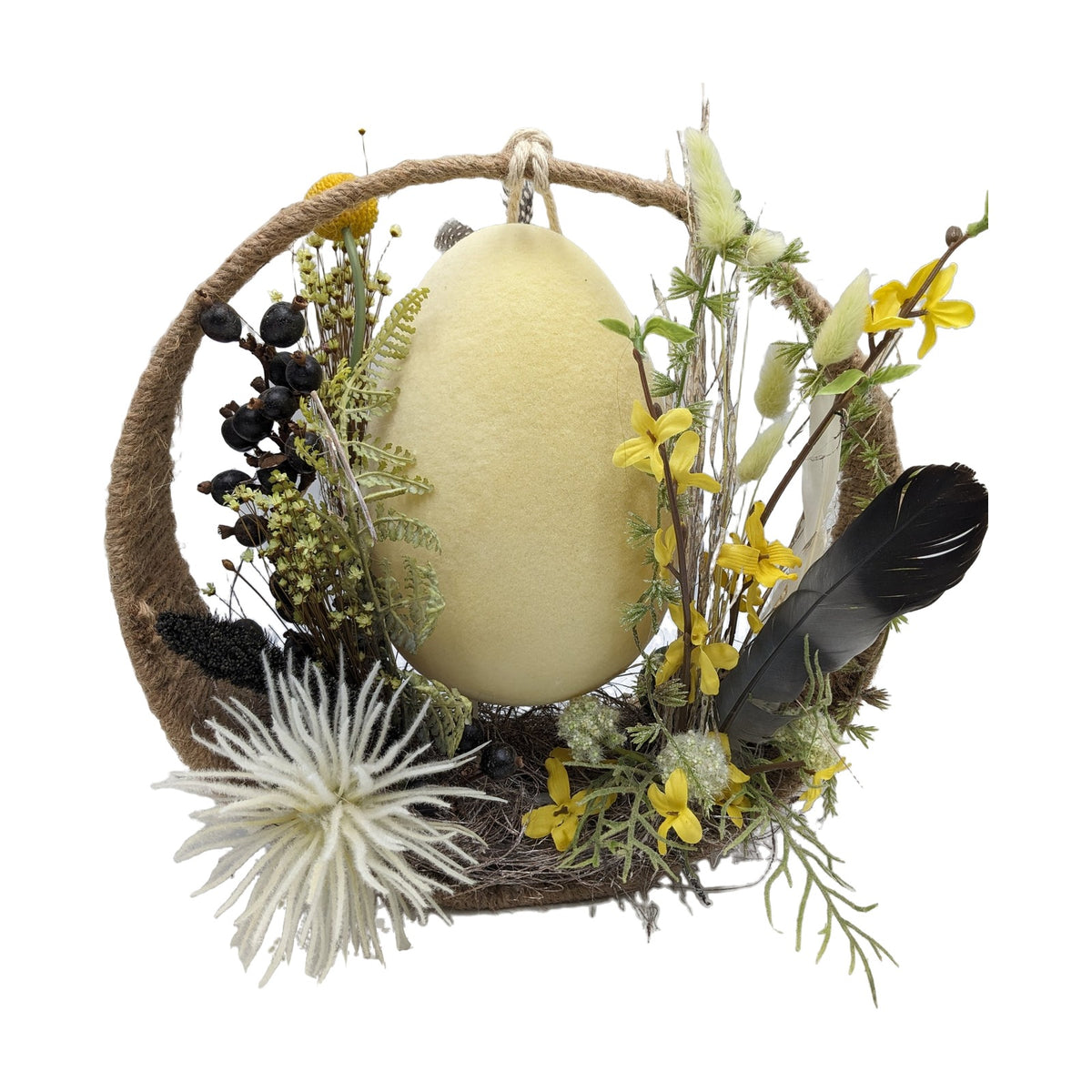 Freigestellt Ostergesteck Ei Feder Beeren Forsythien gelb natur