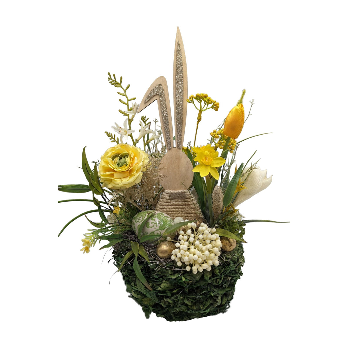 Freigestellt Ostergesteck Hase Tulpe Ranunkel Narzisse gelb grün