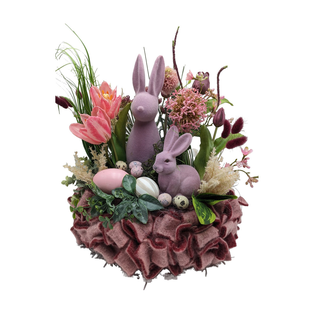 Freigestellt Osterkranz Hase Tulpe Allium rosa lila mit Eiern