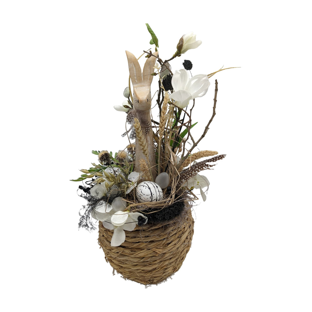 Freigestellt Ostergesteck Holzhase Magnolie Federn Eier weiß natur
