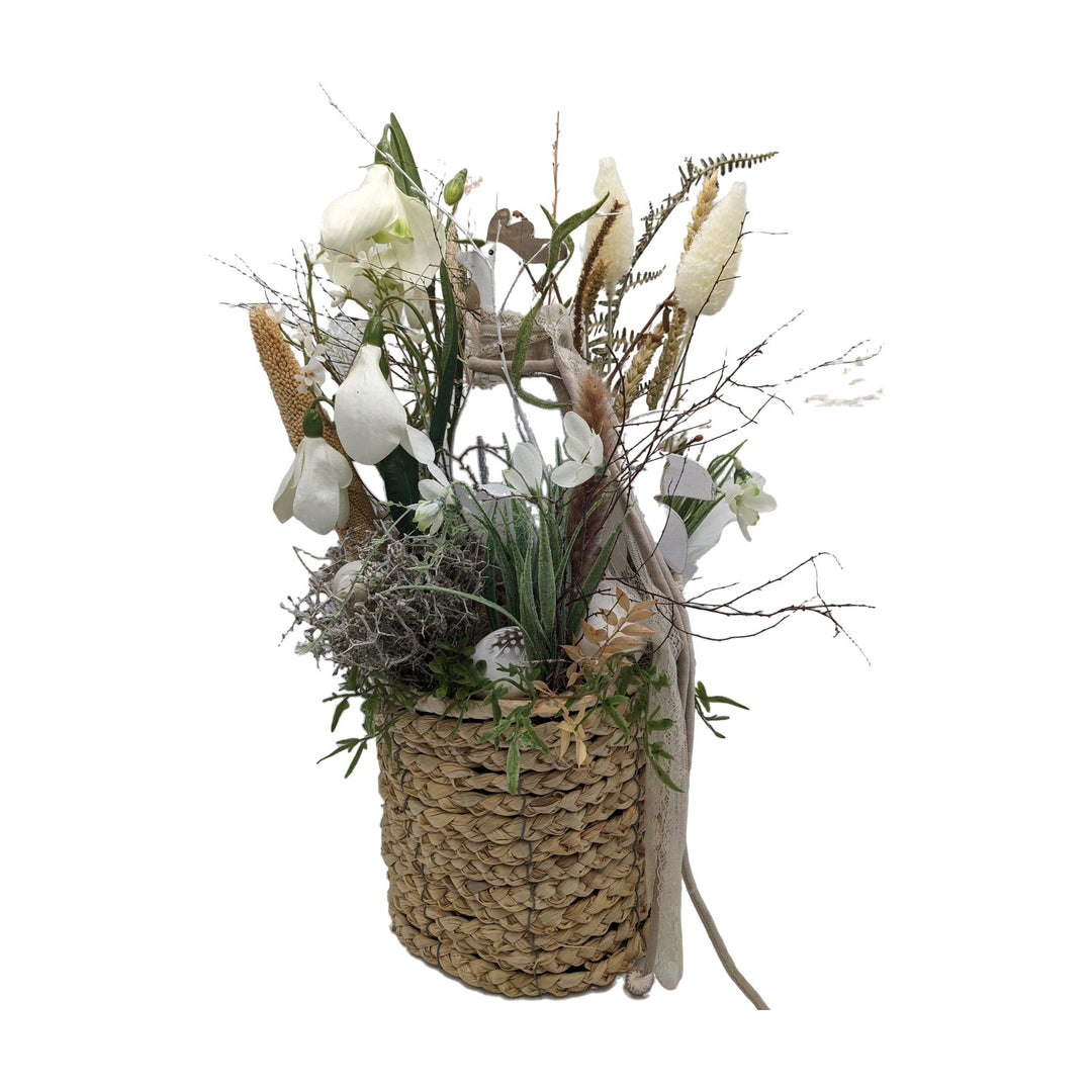 Freigestellt Ostergesteck Korb Schneeglöckchen Huhn Schnecke weiß natur
