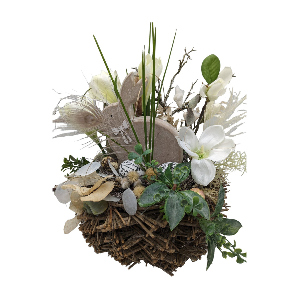 Freigestellt Ostergesteck Hase Magnolie Pfauenfeder Eier weiß natur