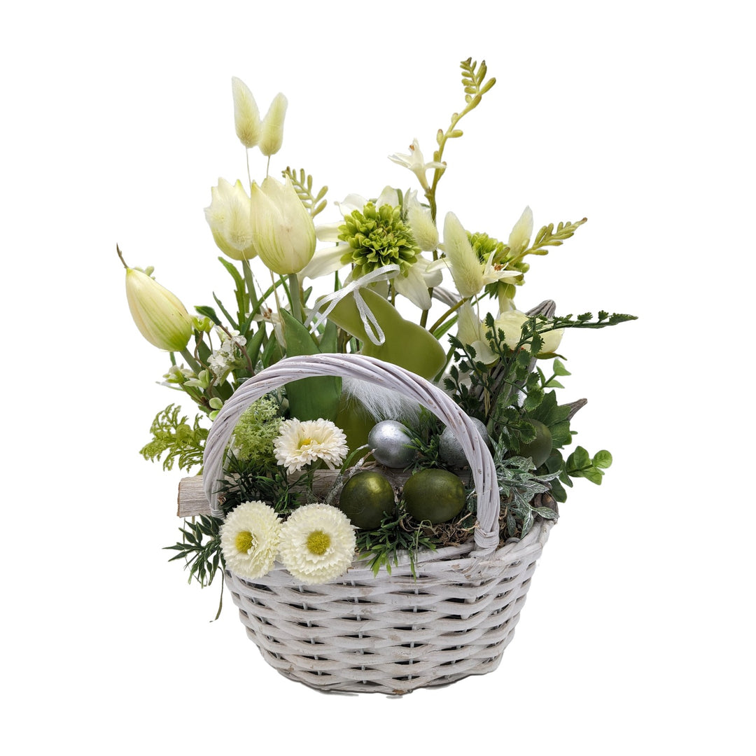Freigestellt Ostergesteck Korb Tulpen Bellis Eier Hase grün weiß