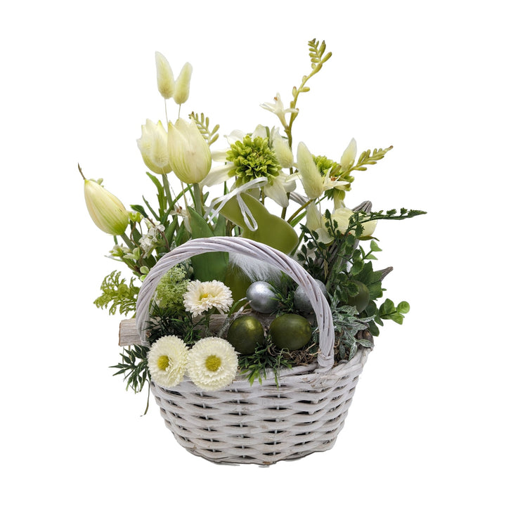 Freigestellt Ostergesteck Korb Tulpen Bellis Eier Hase grün weiß