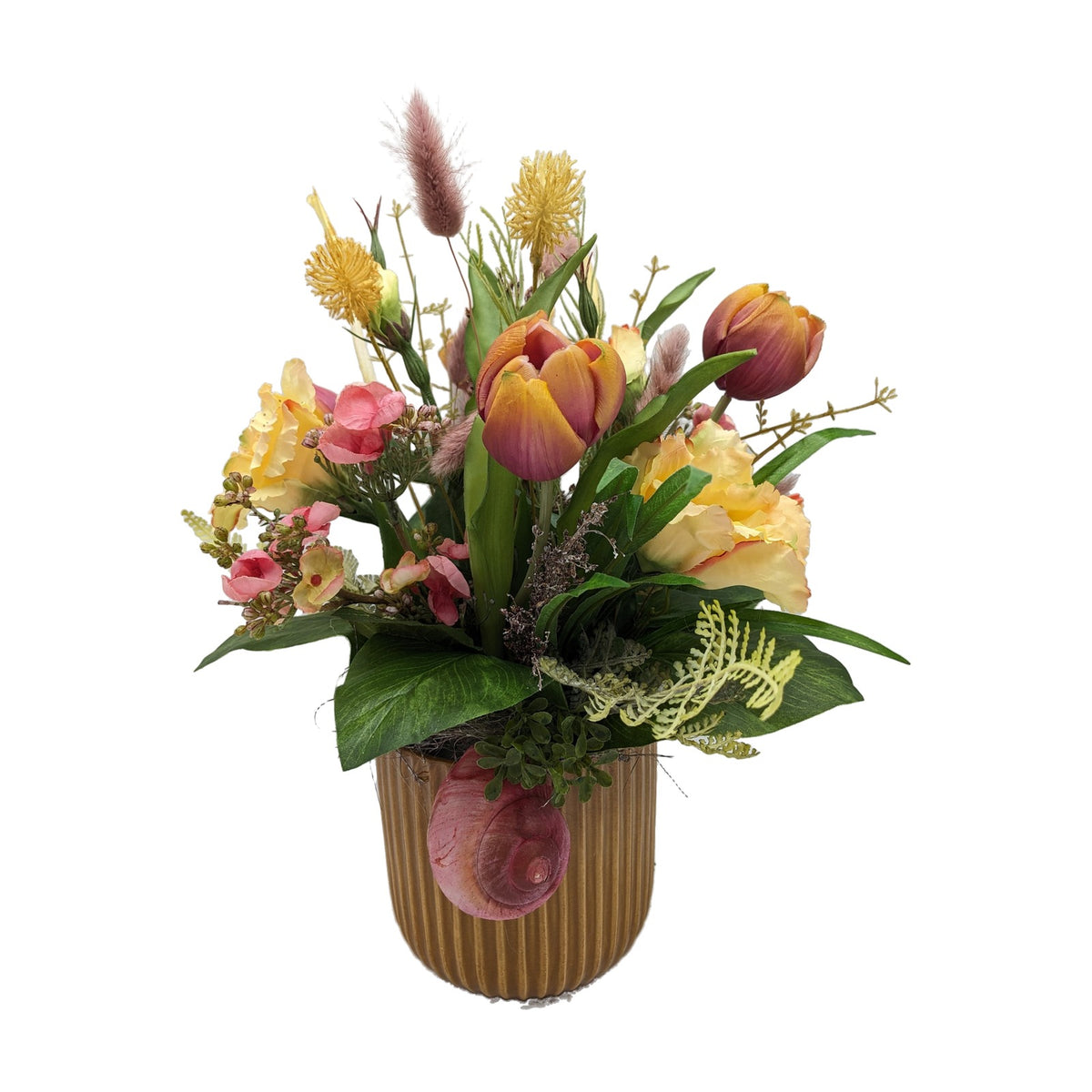 Freigestellt Frühlingsgesteck Tulpen Schnecke im Topf rosa gelb