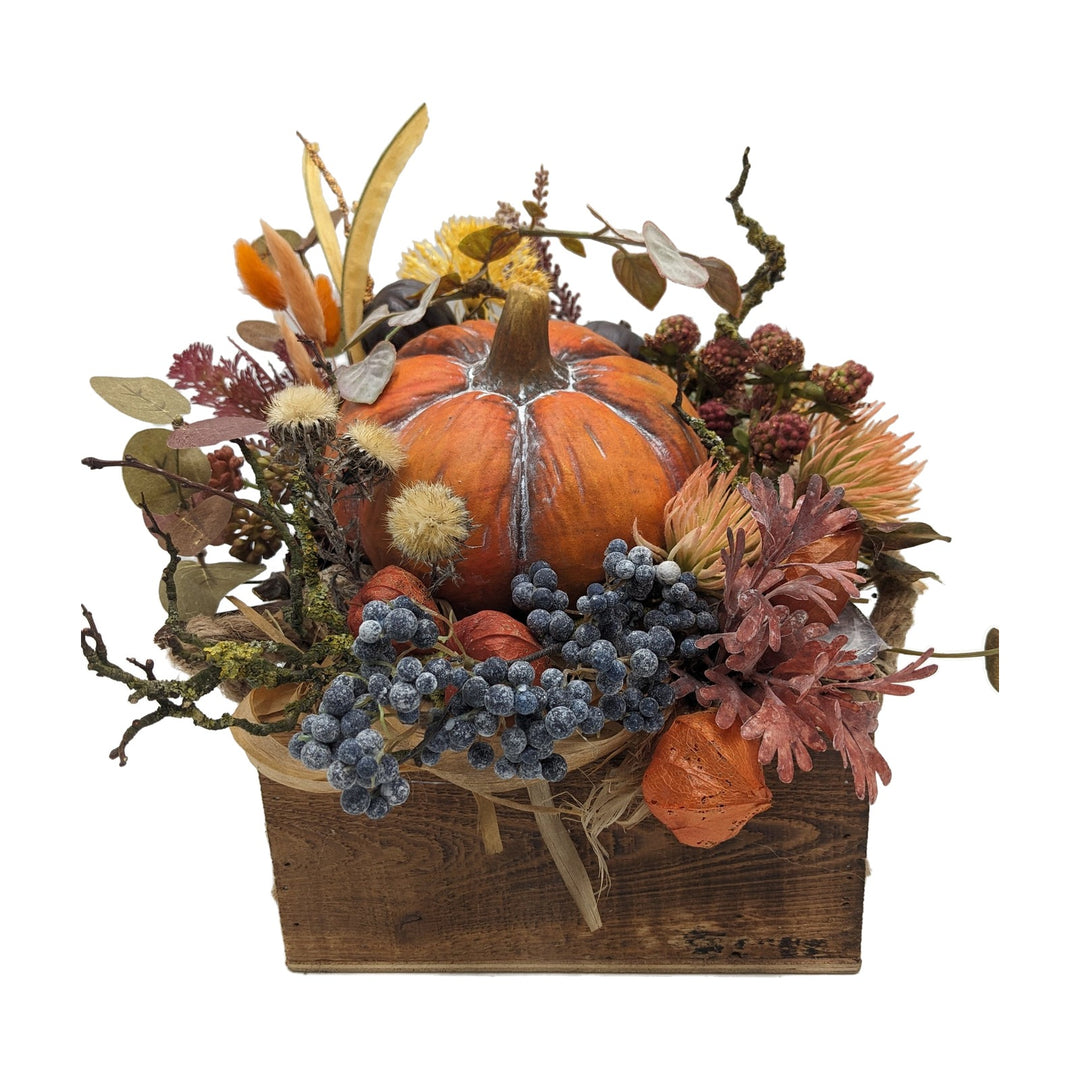 Freigestellt Herbstgesteck Kürbis Physalis Beeren Holzlade orange