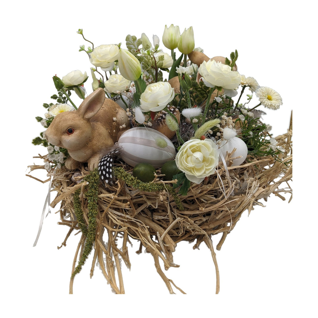 Freigestellt Osterkranz Hasen Ranunkeln Tulpen Federn natur weiß